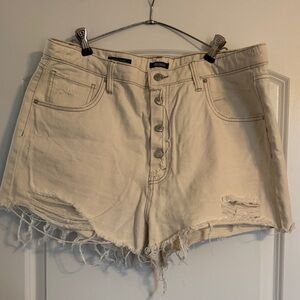 High-Rise Distressed Women's Denim Shorts - Cream